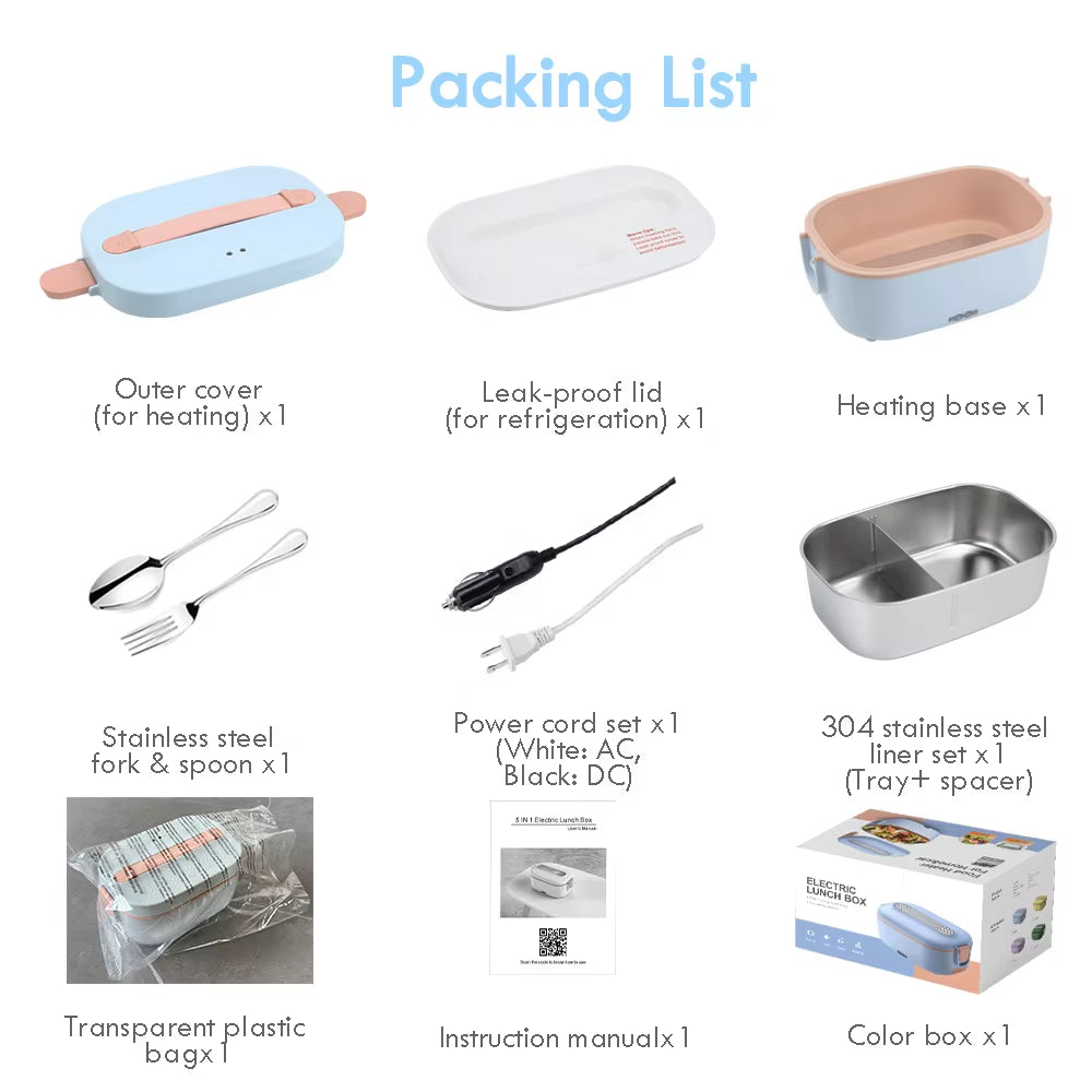 New Arrivals 1.5L Lunchbox 80W Portable Food Container 304 Stainless Steel Car Home 5 in 1 Electric Heating Lunch Box